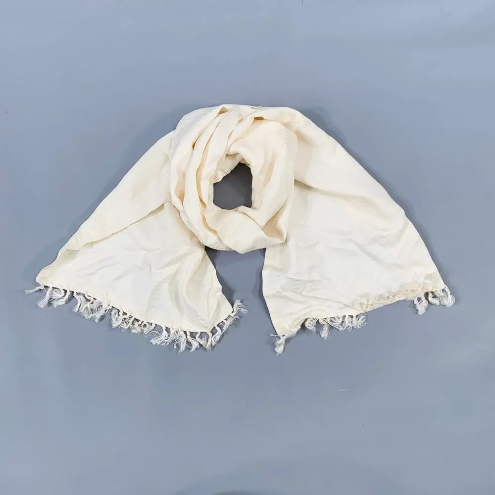 VINTAGE Cream Herringbone Jacquard Fringe Scarf